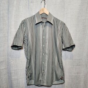 Celio Short Sleeve Button Up Men's M Brown/Green Stripes 100% Cotton Casual Prep